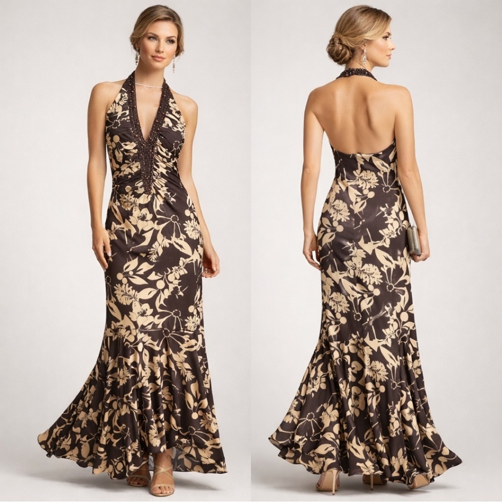 JS Boutique Elegant Cream & Brown Floral Halter Beaded Neckline Mermaid Dress 8